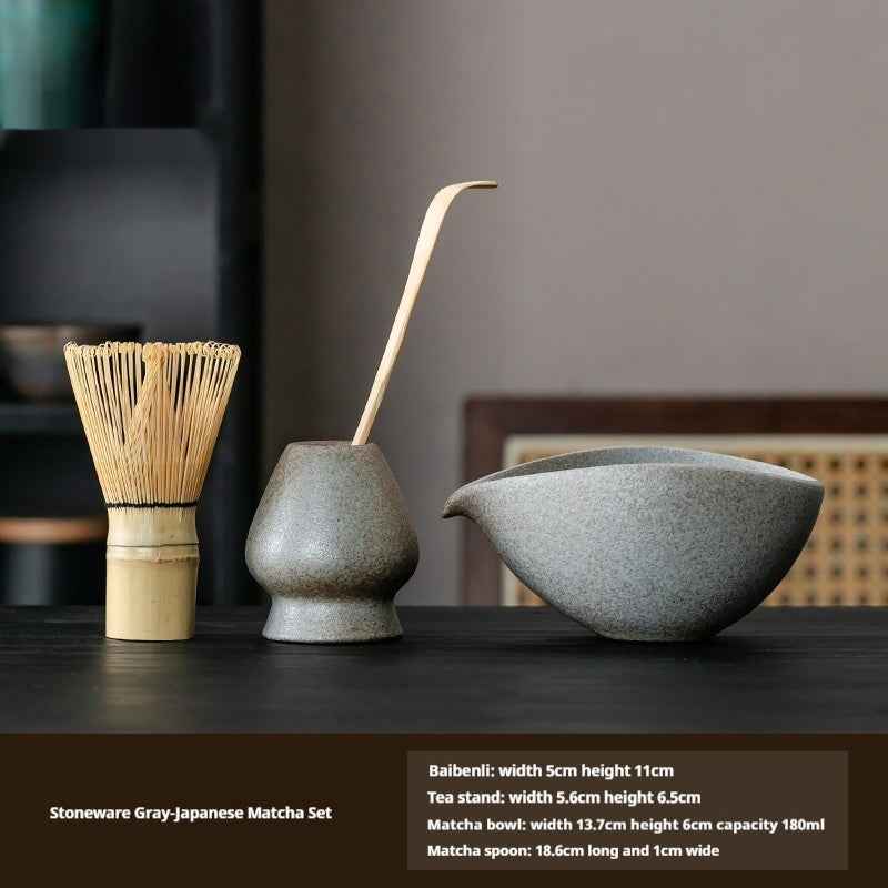 Matcha kit accessories: bamboo scoop (chashaku) and stainless steel sieve for measuring and sifting powder