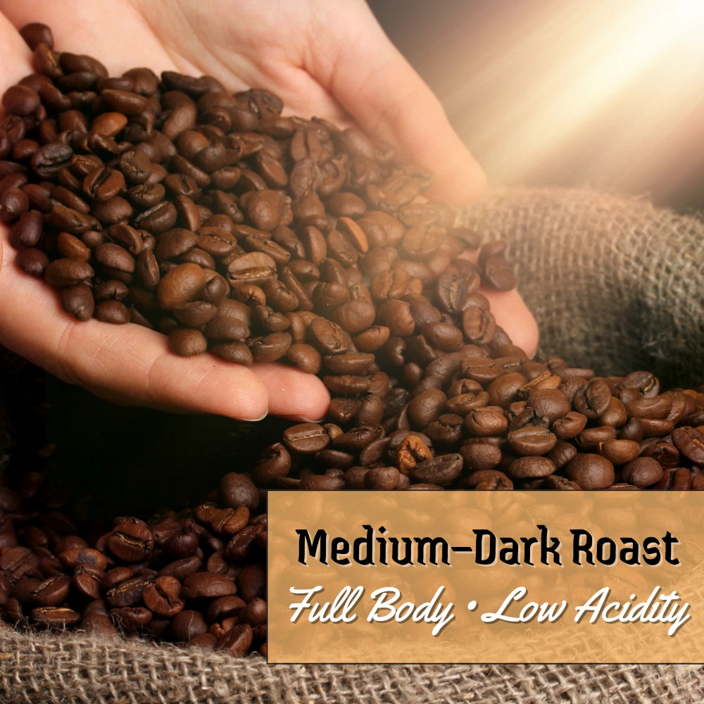 Shop Bali Blue Coffee – medium-dark roast coffee beans with bold chocolate and brown sugar notes for full-bodied flavor