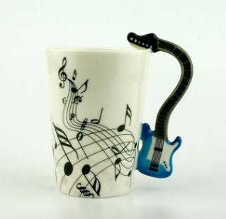 Music themed coffee mug - ceramic cup with guitar and violin handle