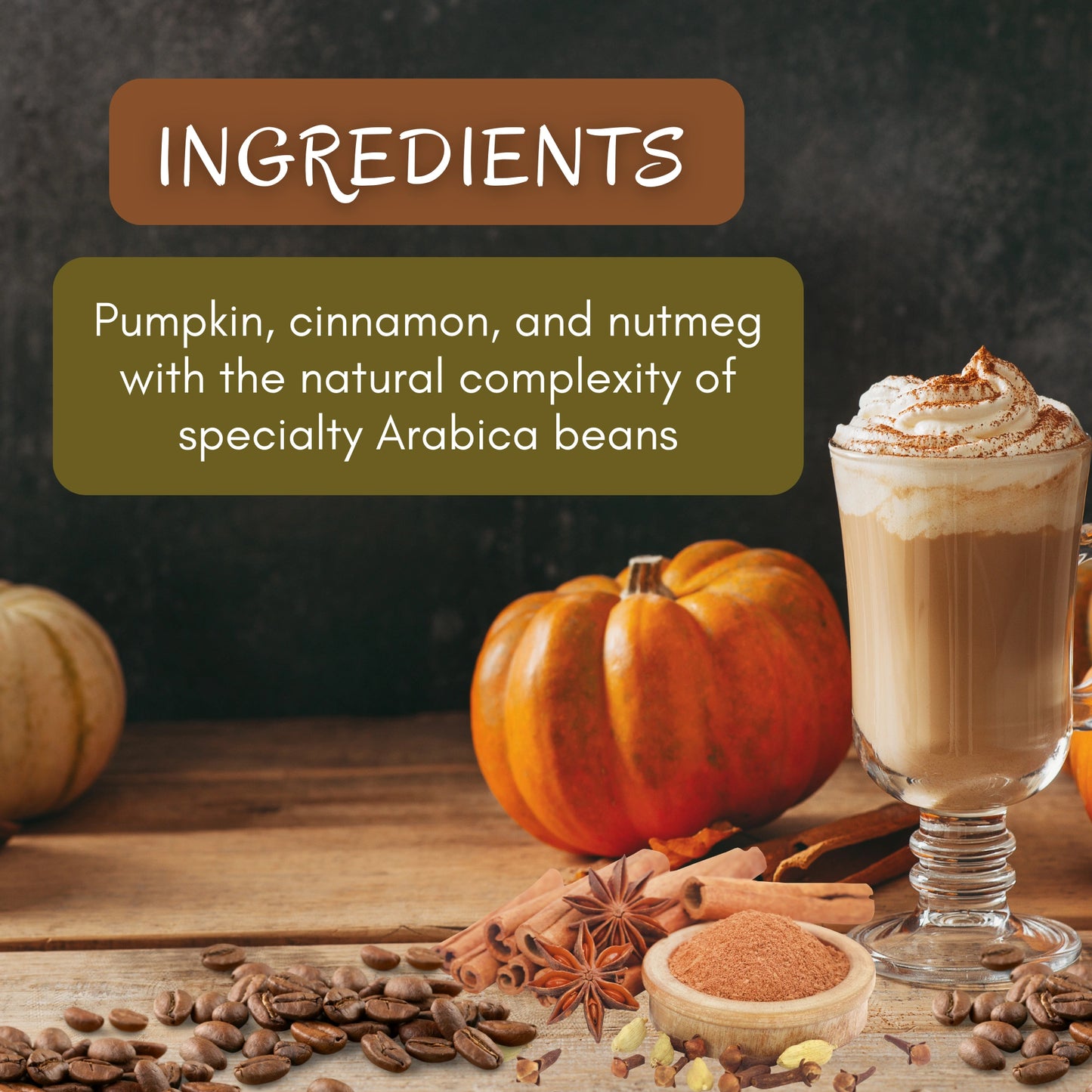 Buy Pumpkin Spice Coffee – 100% Arabica beans blended with natural pumpkin, cinnamon, and nutmeg ingredients for gourmet flavor