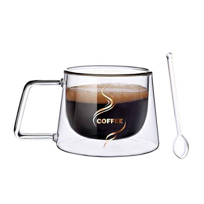 Elegant square design of a clear double wall glass coffee cup, showing its modern aesthetic