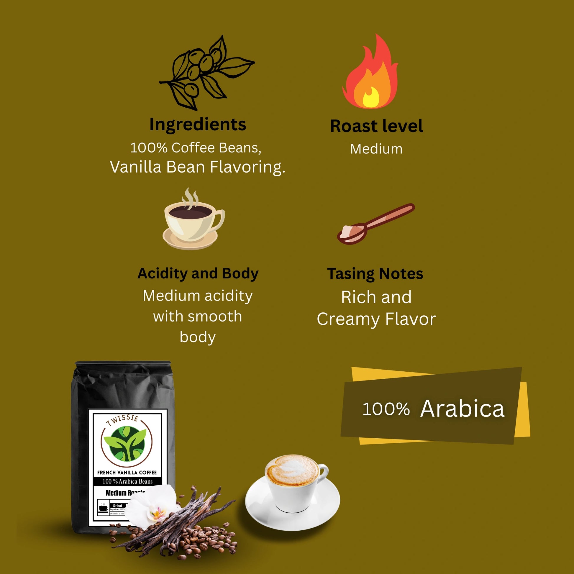Order medium roast French Vanilla Coffee with all-natural vanilla flavor and carefully roasted Arabica beans