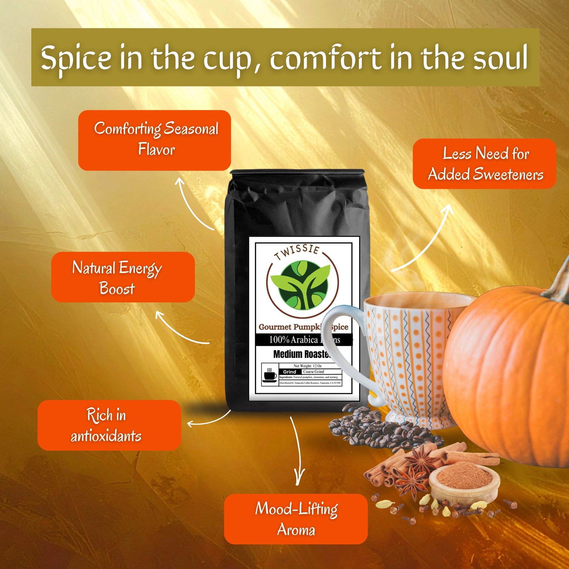 Shop Pumpkin Spice Coffee – antioxidant-rich medium roast coffee to boost energy and support wellness