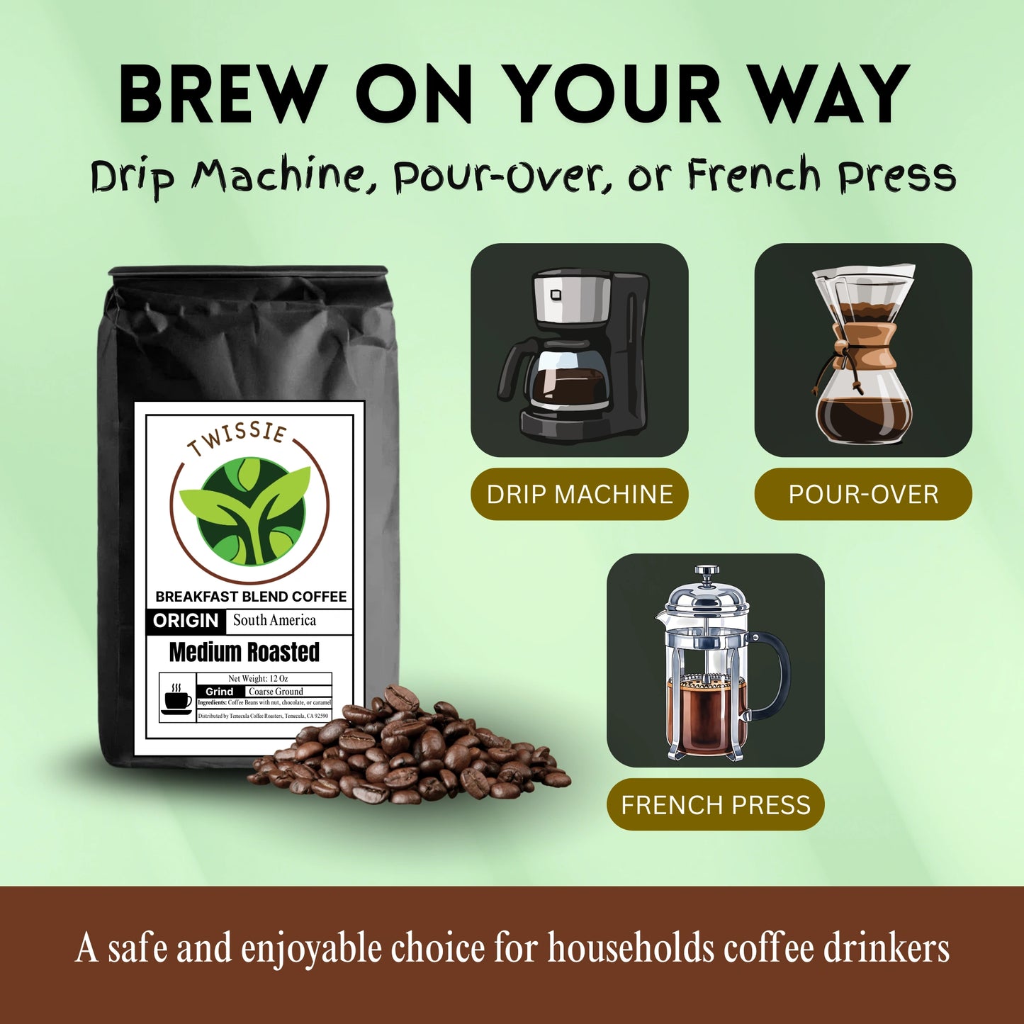 Shop Breakfast Blend coffee for easy brewing - ideal for drip coffee, French press, and pour-over