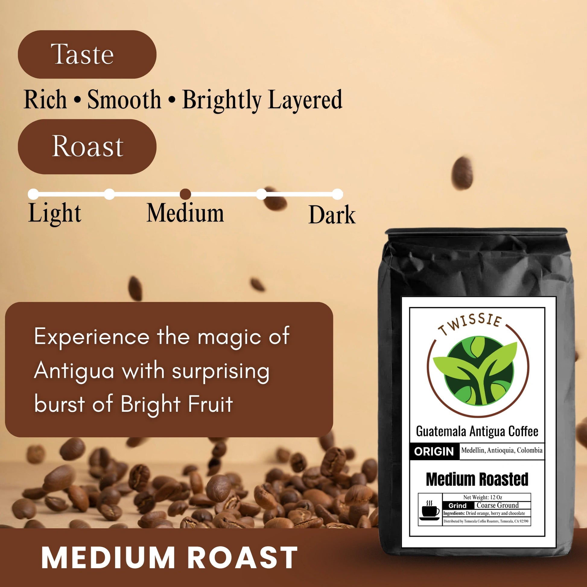 Shop Guatemala Antigua Coffee – medium roast with dark chocolate, bright fruit, and butterscotch notes