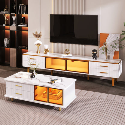 Stylish white coffee table with genuine marble top and ambient LED light features