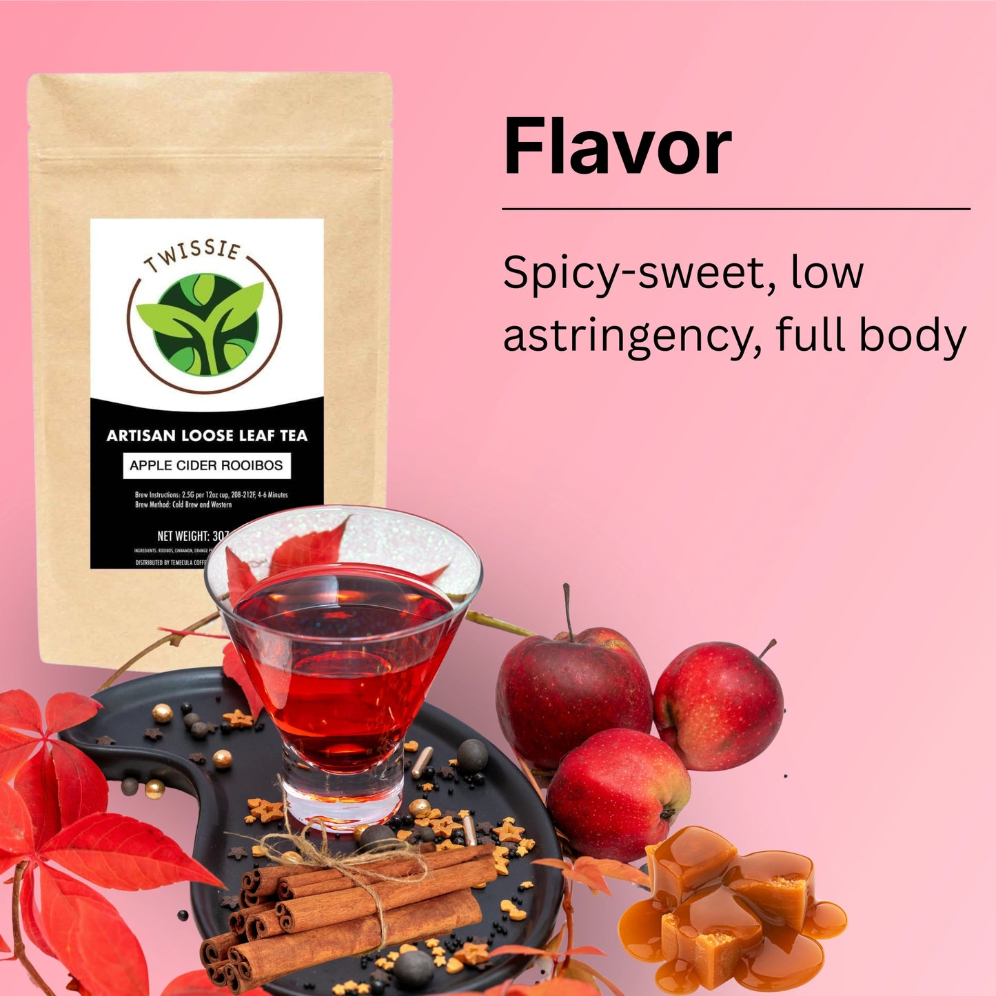 Apple Cider Rooibos Tea — Spiced Apple & Cinnamon, Caffeine-Free (Loose / Bags)