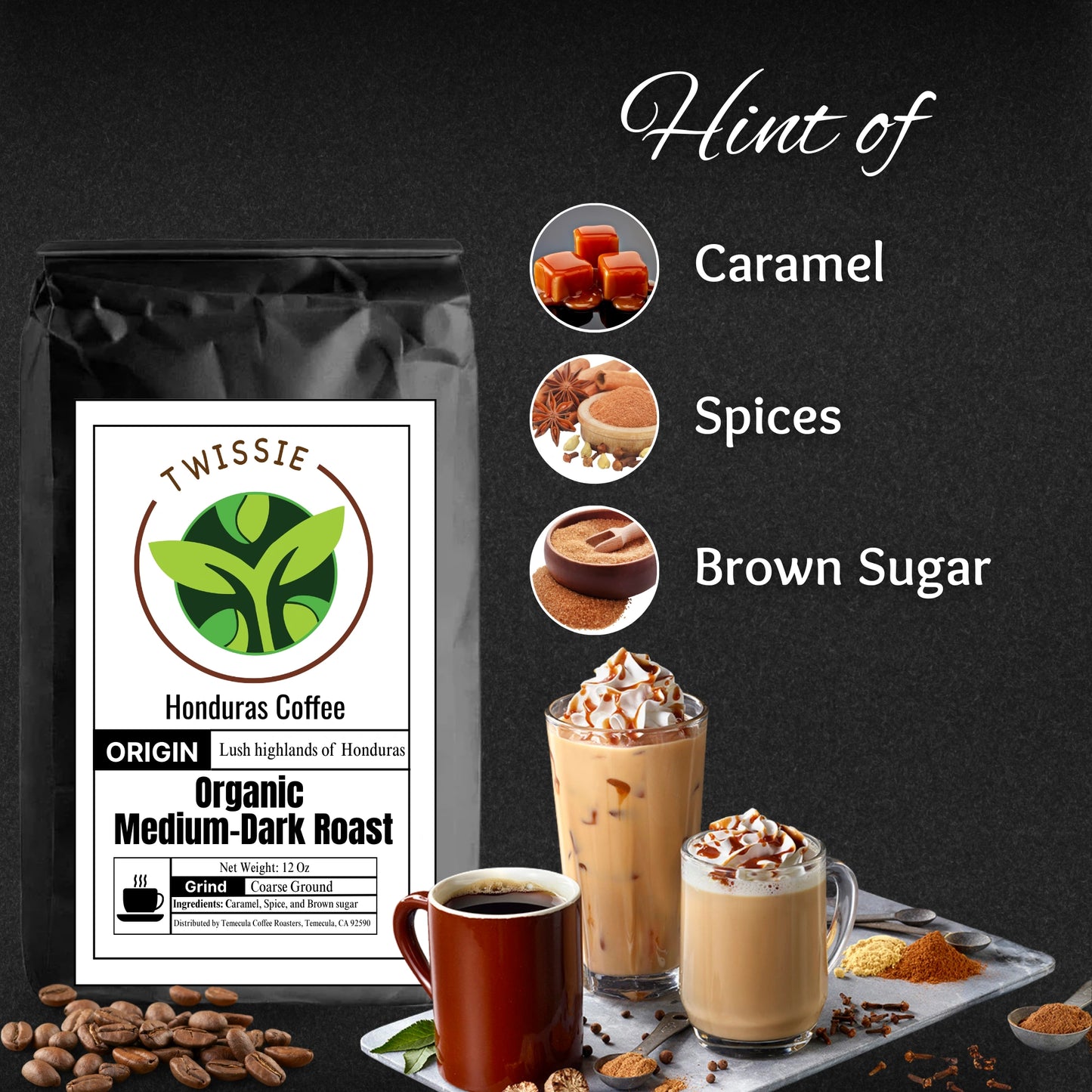 Ingredients: 100% organic Honduras Coffee beans with caramel, spice, and brown sugar flavor notes – buy premium coffee online