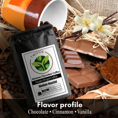 Order Mexican Chocolate Coffee – medium roast with chocolate, cinnamon, and vanilla notes for a gourmet coffee flavor profile