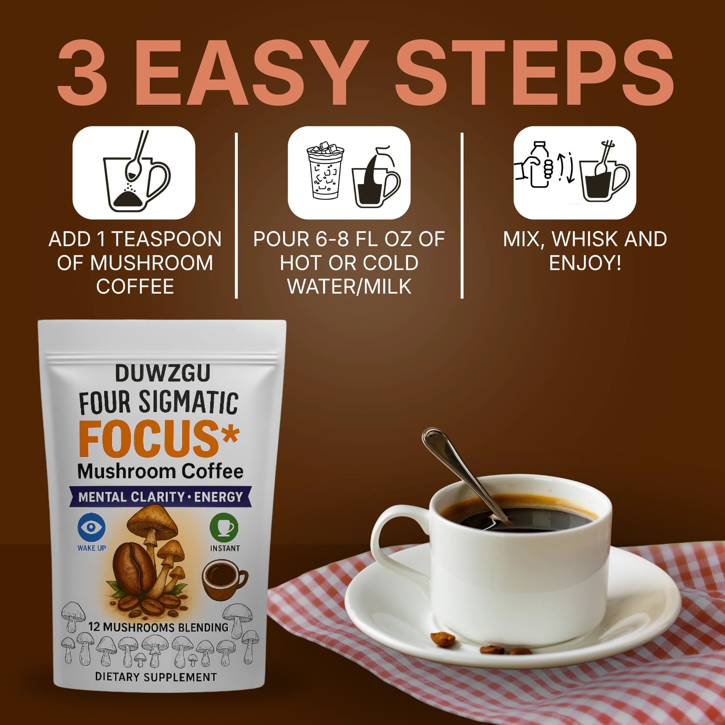 Buy Mushroom Coffee Blend – easy 3-step brewing for rich, low-jitters mushroom coffee at home or office