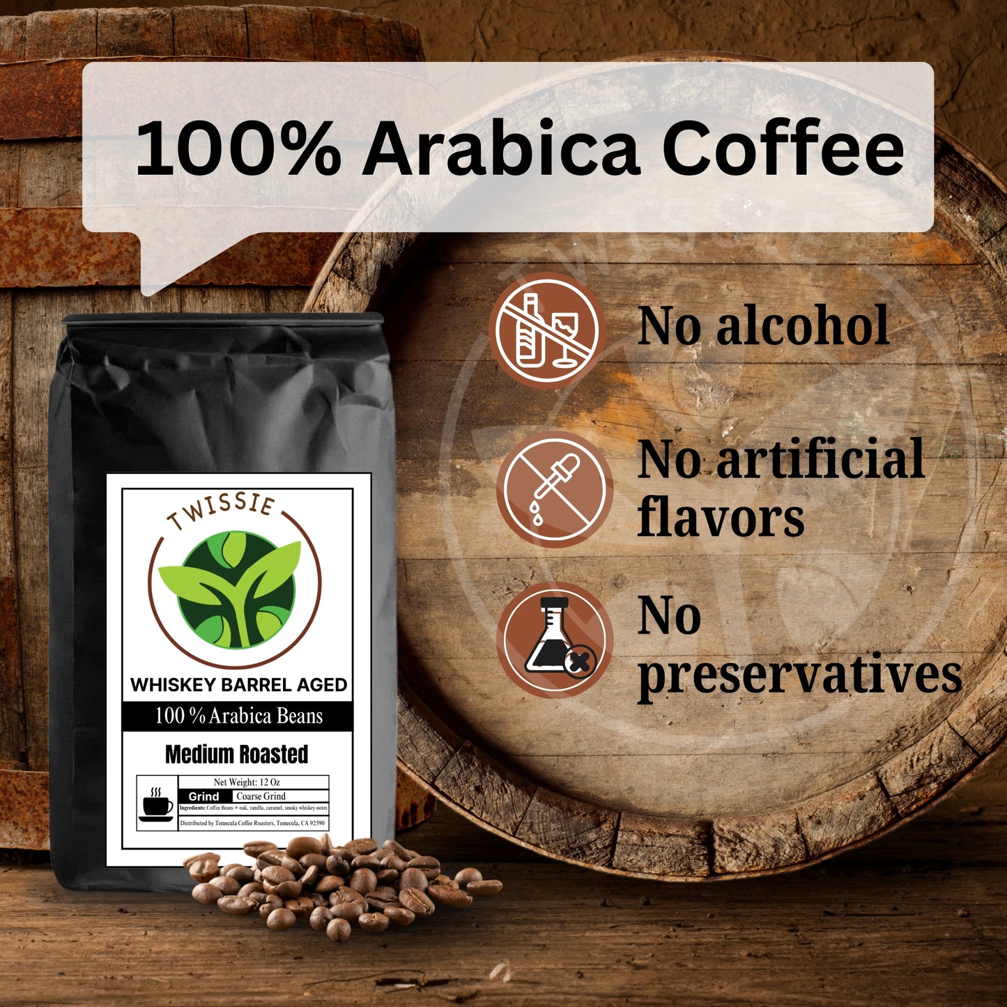 Buy natural whiskey barrel aged coffee – no additives, no artificial flavors, just pure aged coffee taste