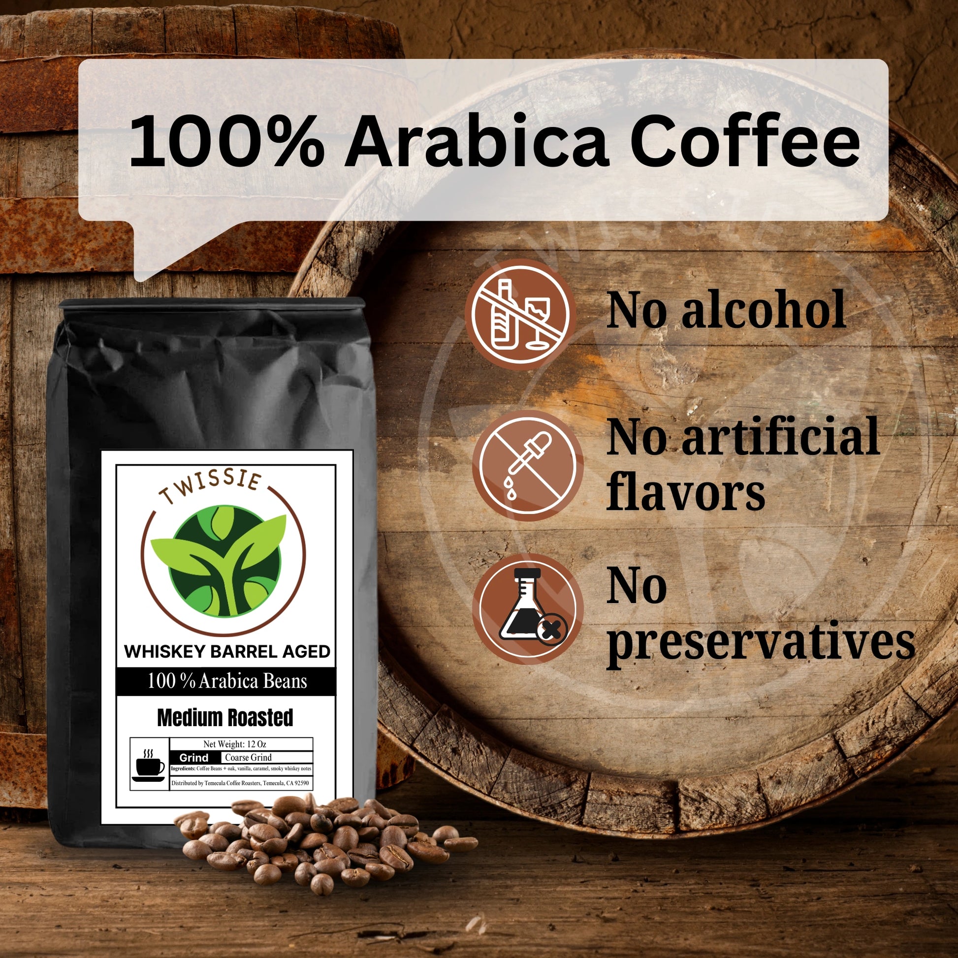 Buy natural whiskey barrel aged coffee – no additives, no artificial flavors, just pure aged coffee taste