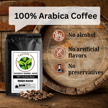 Buy natural whiskey barrel aged coffee – no additives, no artificial flavors, just pure aged coffee taste
