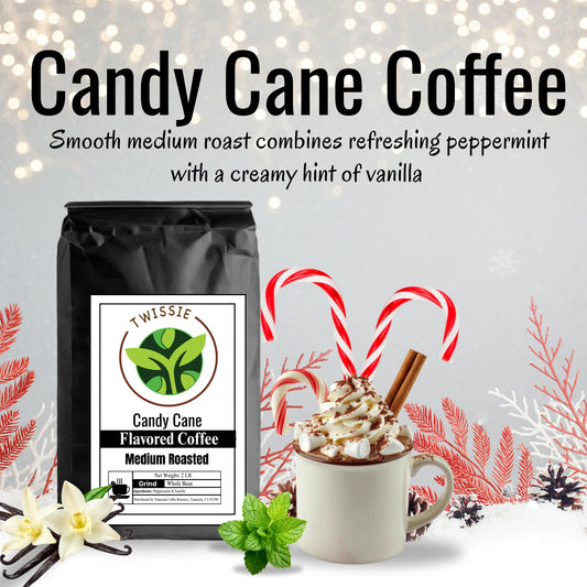 uy Candy Cane Flavored Coffee online – medium roast with peppermint and vanilla, festive gourmet coffee