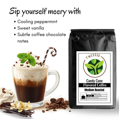 Shop Candy Cane Flavored Coffee – 100% natural coffee beans blended with peppermint and vanilla for festive flavor