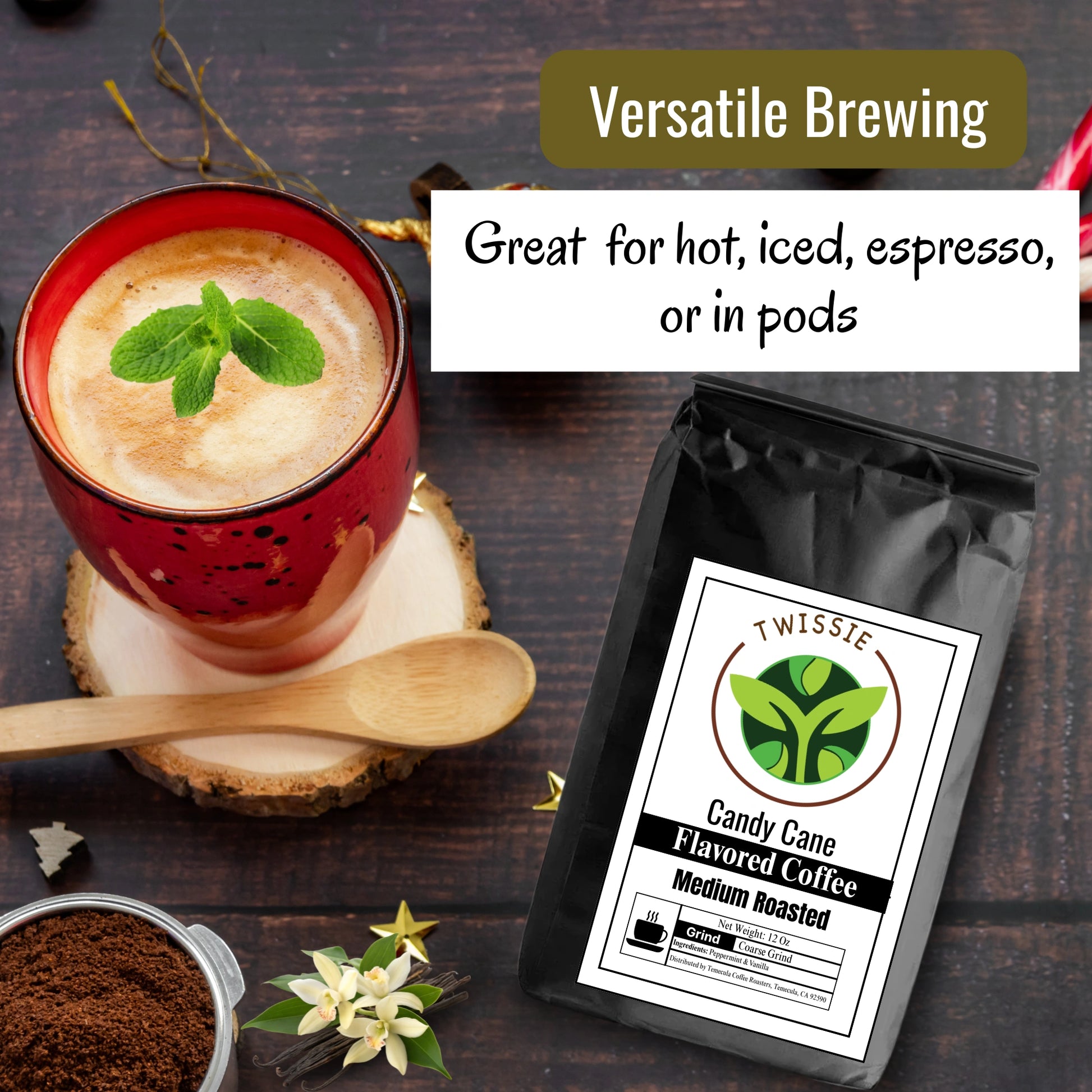 uy Candy Cane Flavored Coffee – easy to brew using French press, pour-over, drip, or espresso at home or office