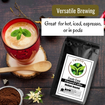 uy Candy Cane Flavored Coffee – easy to brew using French press, pour-over, drip, or espresso at home or office