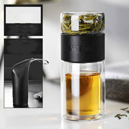 “Built-in stainless steel strainer and lid – premium borosilicate double wall glass tea infuser cup”