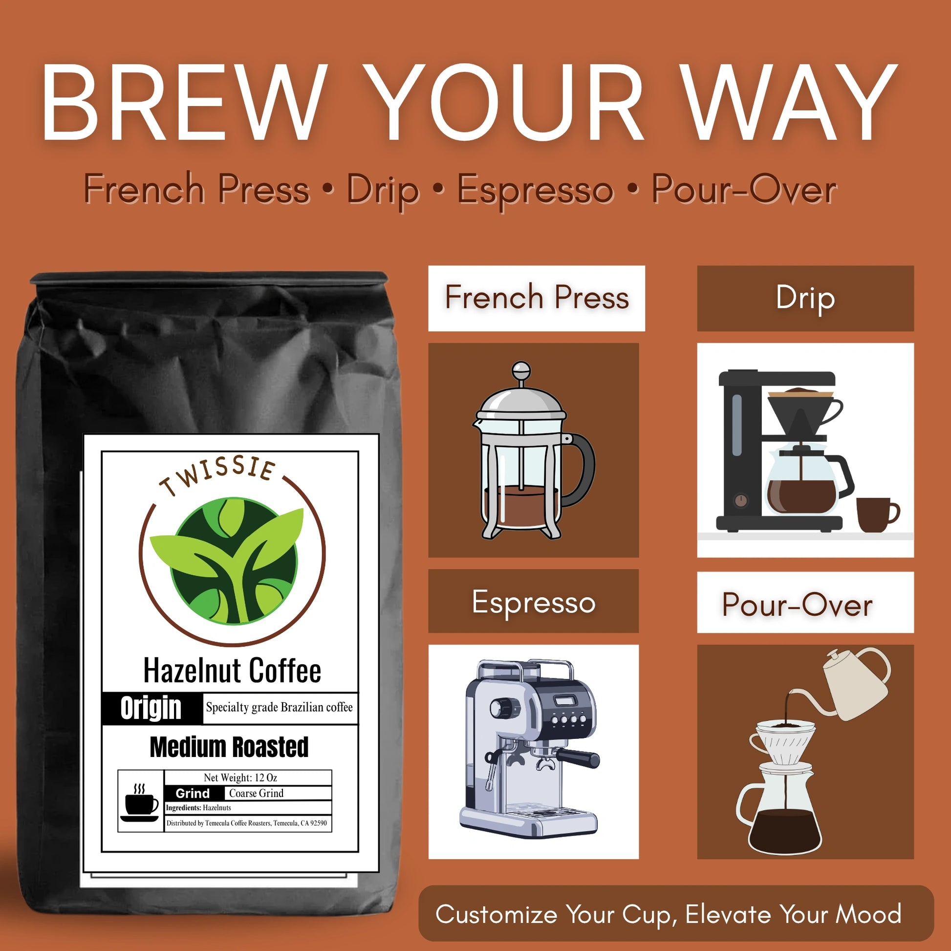Shop Hazelnut Coffee – versatile brewing methods including French press, pour-over, drip, and espresso
