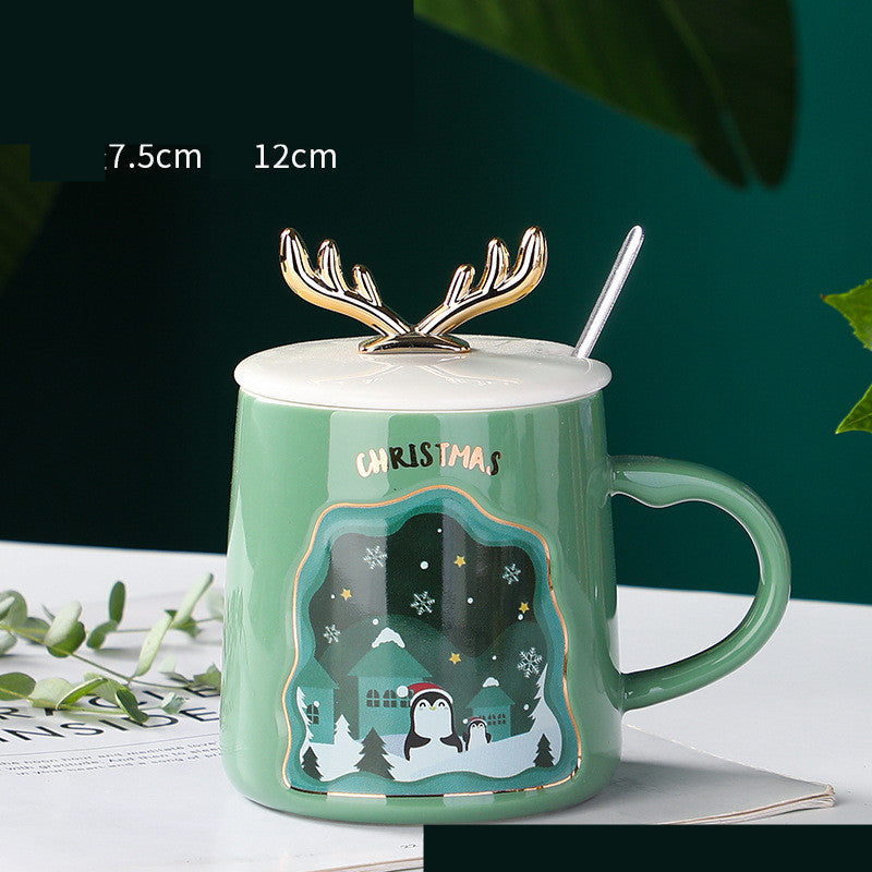 Family Christmas mugs - set of festive ceramic cups with spoons for cocoa