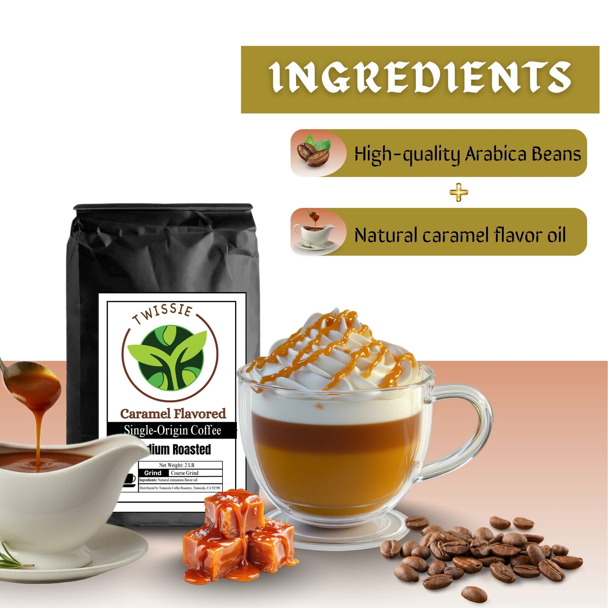 Order Caramel Flavored Coffee – 100% specialty coffee beans infused with natural caramel flavor for a sweet, indulgent cup