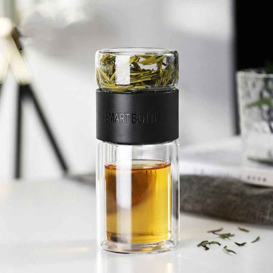 “Elegant double wall glass tea infuser – heat resistant 200ml cup for loose leaf tea lovers”