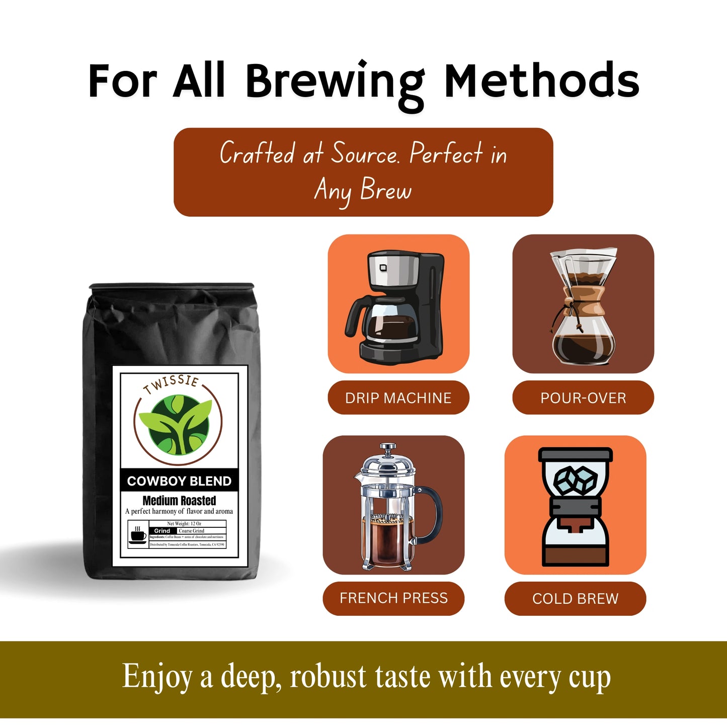Buy Cowboy Blend Coffee for any brew method – perfect for drip, French press, pour-over, or espresso
