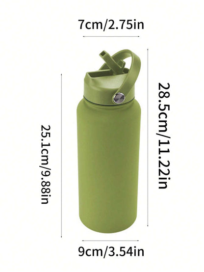 All components of the sports water bottle: stainless steel body, straw lid, wide mouth lid, and carry handle