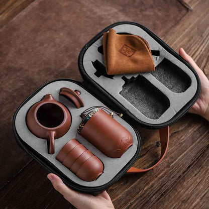 “Buy travel tea set – portable Yixing purple clay 10-piece tea set with elegant carrying case”