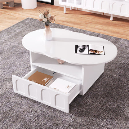 Coffee Table, Cloud-Shaped Coffee Table With Drawer And Storage Compartments - Twissie