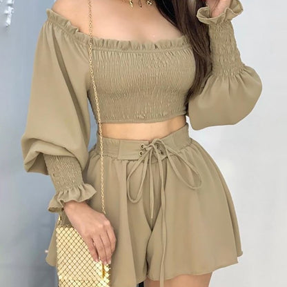 “Woman modelling coffee colour pleated strap suit set – buy women’s fashion suit set online”