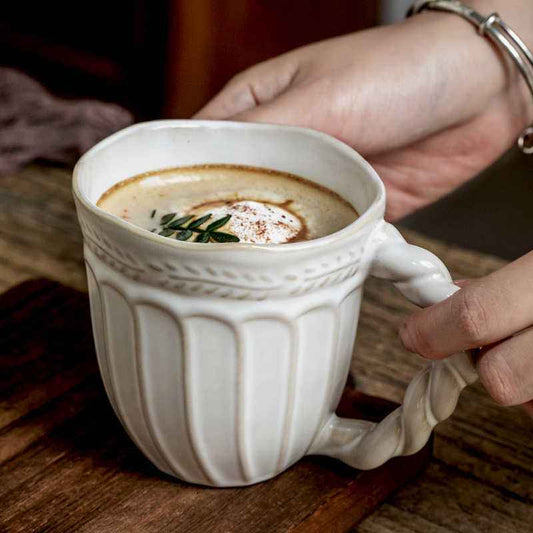 Embossed Coffee Mug – French Ceramic with Twist Handle - Twissie