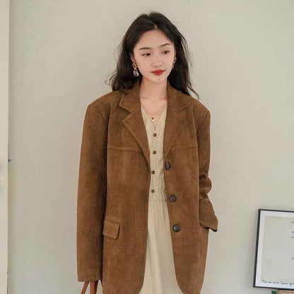Dark Brown Vintage Coffee Suede Blazer – Japanese & Korean Casual Harajuku Style with Embroidery - Twissie